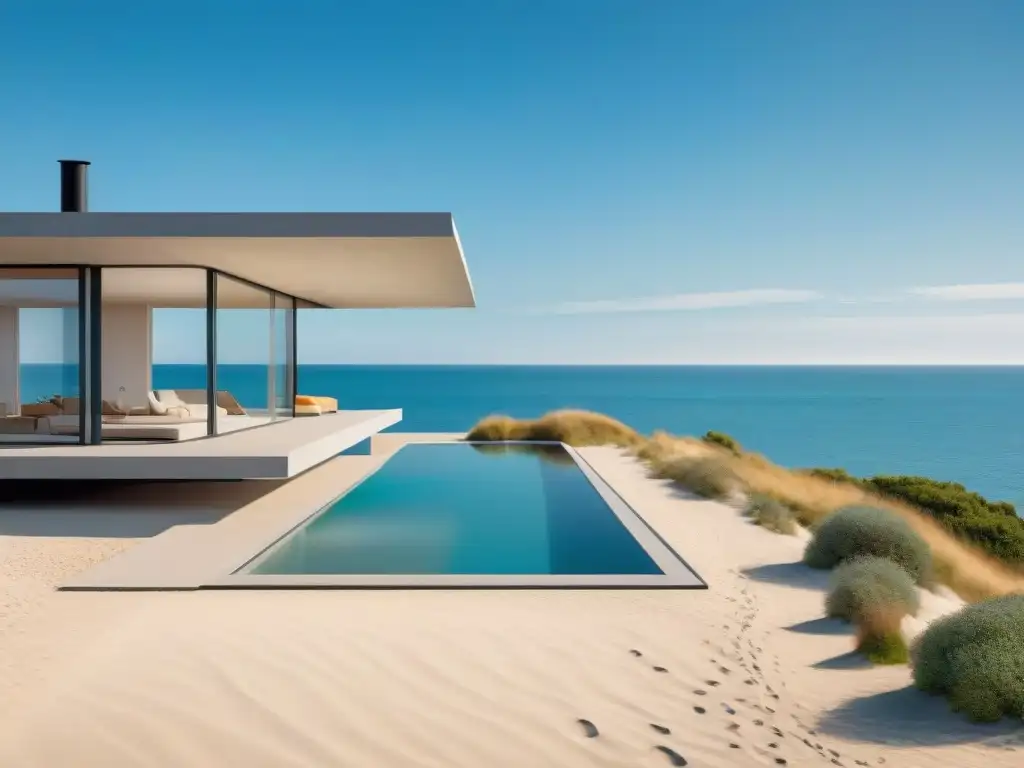 Refugio playero minimalista en estilo Bauhaus: diseño ultra definido en 8k Un refugio de playa minimalista diseñado en estilo Bauhaus en armonía con el paisaje costero