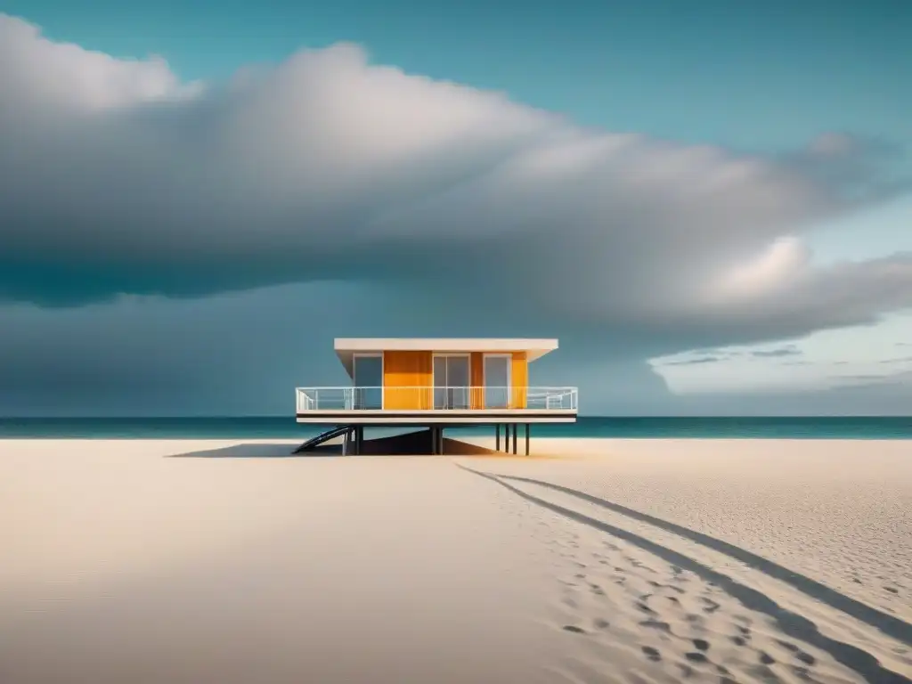 Refugio minimalista inspirado en Bauhaus en la playa Refugio playa minimalista con diseño Bauhaus: estructura limpia y elegante integrada con la naturaleza