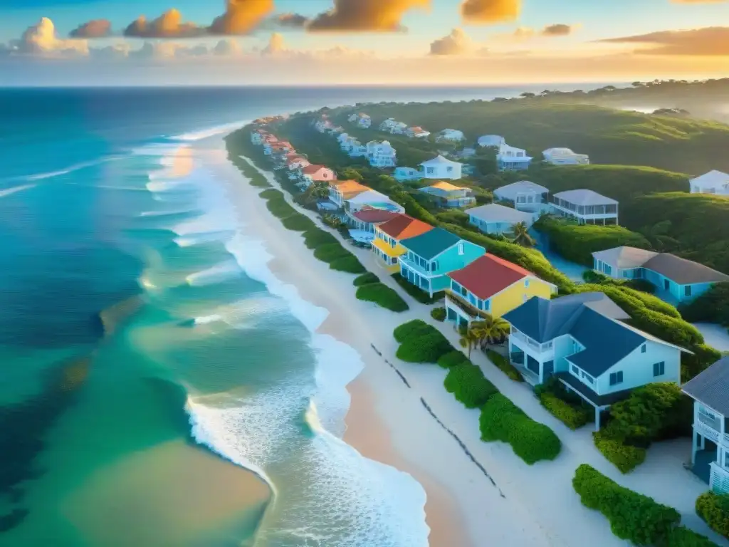 Residencias costeras protegidas: la belleza y seguridad del litoral Un refugio seguro: pintoresco pueblo costero con propiedades coloridas, vegetación exuberante y playa dorada al atardecer