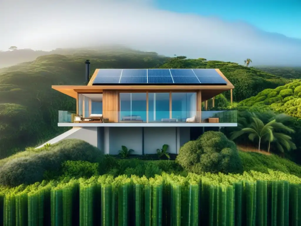 Casa sostenible junto al mar: eco chic en entorno idílico Refugio sostenible en la costa con materiales eco como bambú y vidrio reciclado