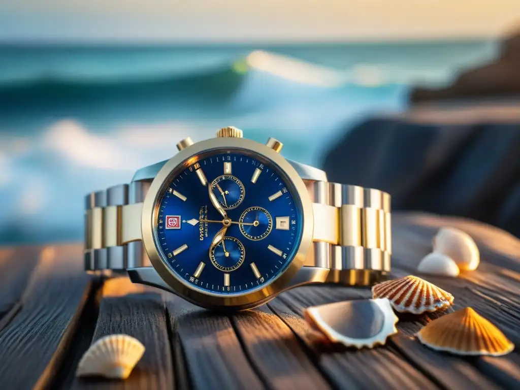Reloj de acero inoxidable con temática náutica en muelle Reloj costero de acero inoxidable con detalles marítimos en muelle de madera