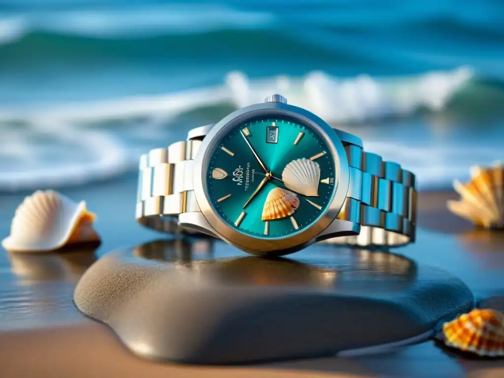 Reloj de pulsera inspirado en la costa con detalles de conchas marinas Un reloj costero inspirado en el mar, detallado y elegante, con grabados de conchas y brillo marino