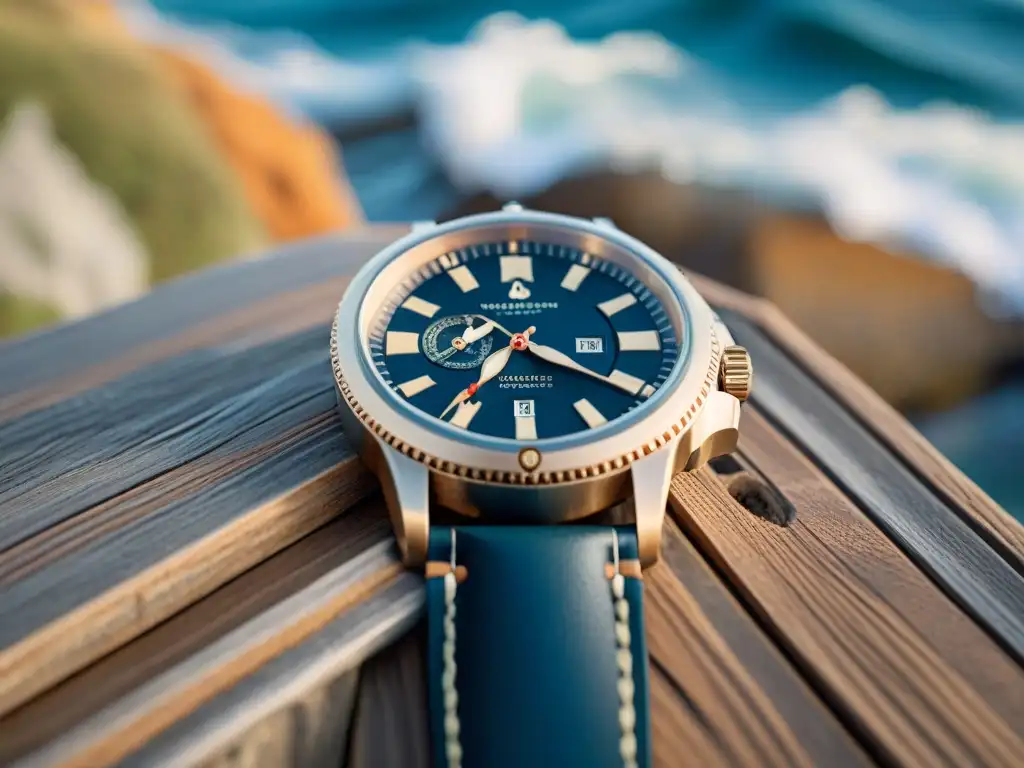 Reloj de pulsera inspirado en la costa con detalles náuticos Un reloj costero inspirado en el mar con símbolos náuticos, esfera de rosa de los vientos y correa con diseño de olas, sobre poste de madera en muelle