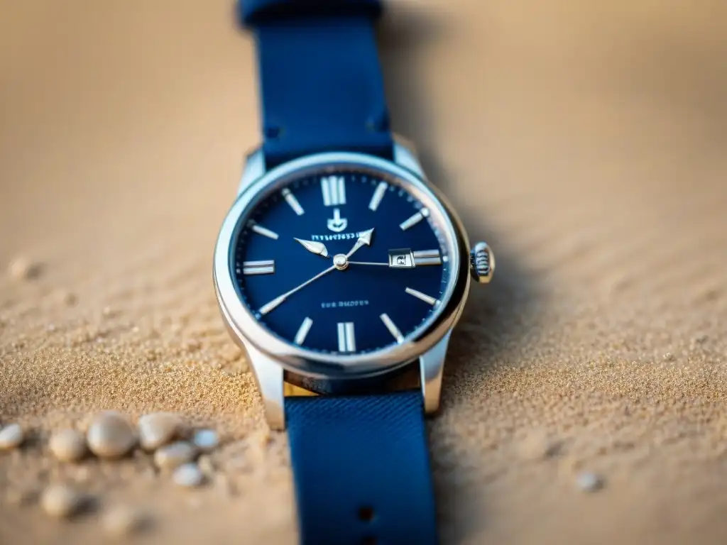 Charm de ancla plateado: detalle náutico elegante Reloj marítimo con encanto de ancla plateada en una correa azul marino, inspirado en el mar