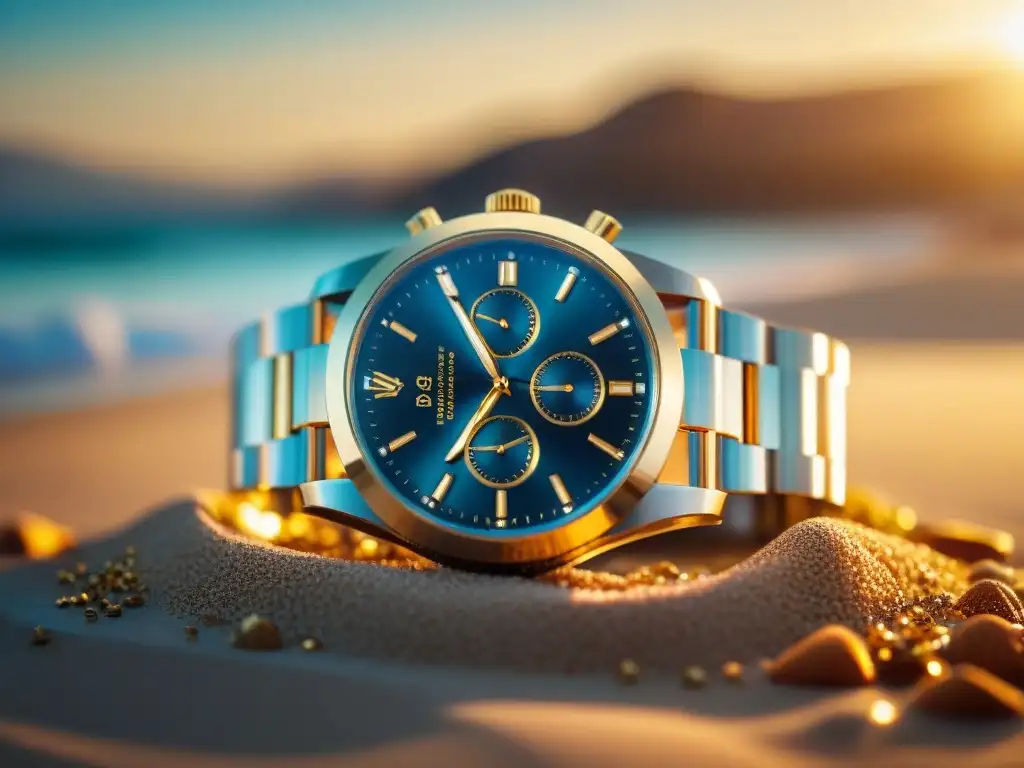 Reloj de oro en la playa: lujo y elegancia bajo el sol Un reloj de oro de alta gama descansa elegantemente en la playa, capturando la esencia de accesorios de alta gama playa con sofisticación