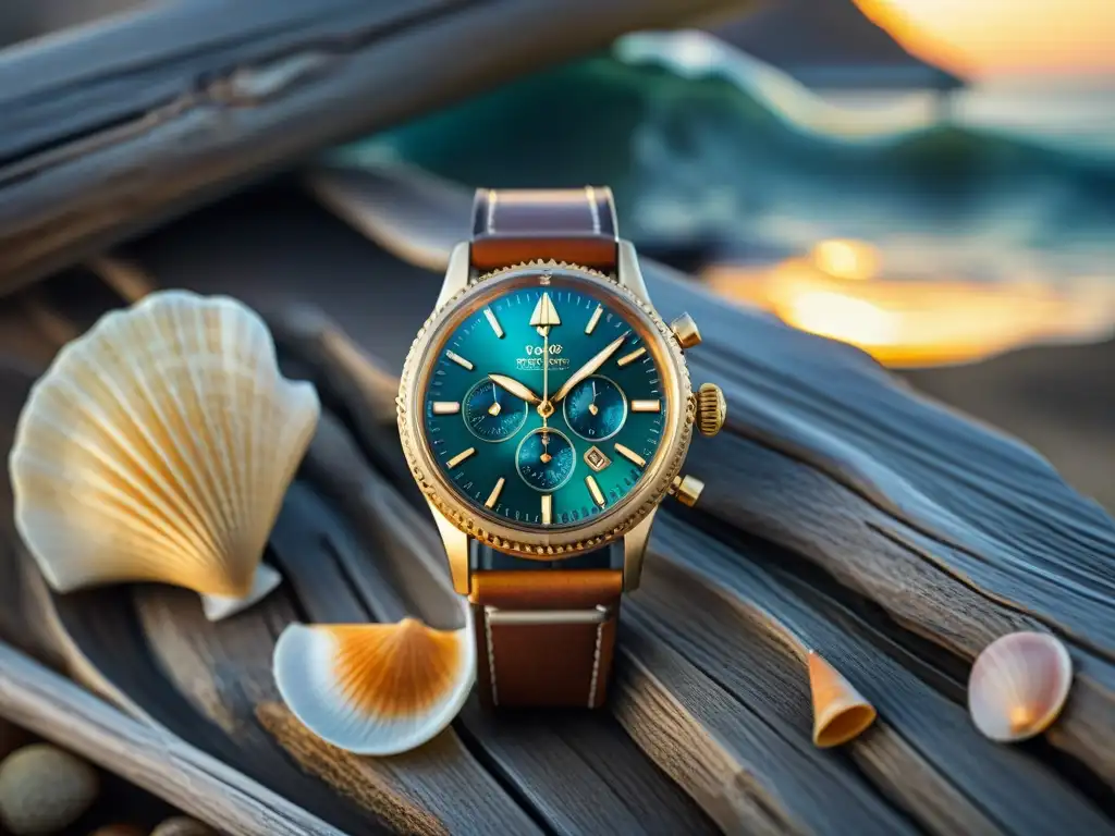 Reloj de pulsera artesanal con aires marinos Relojes costeros inspirados en el mar: Detalles náuticos y elegancia en un reloj artesanal sobre madera a la deriva con conchas y brújula vintage