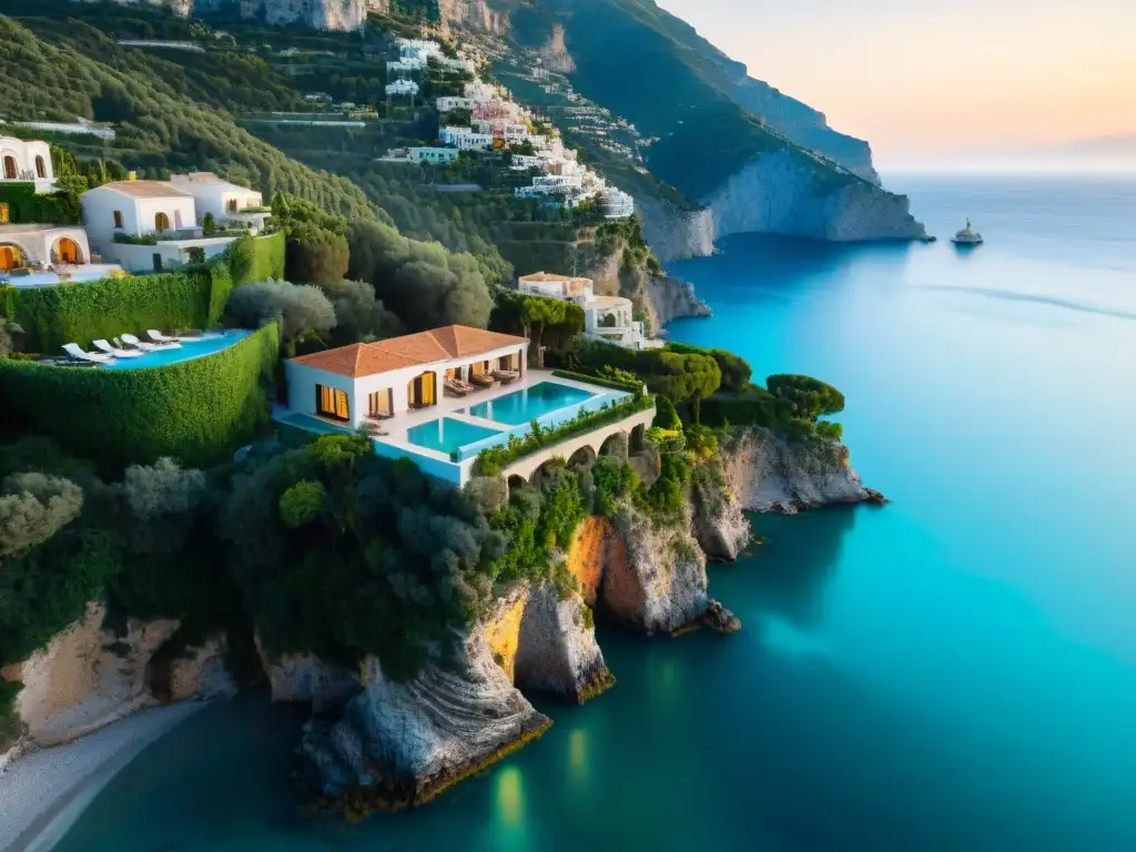 Residencia de lujo en acantilados de la Costa Amalfitana Residencia Miramar en acantilado de la Costa Amalfitana, rodeada de aguas turquesas y vegetación exuberante
