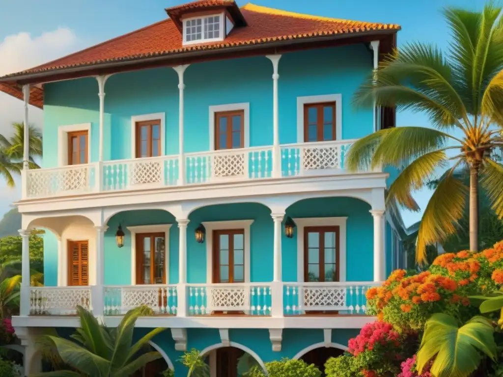 Casa colonial frente al mar con detalles dorados Residencia colonial frente al mar con balcones floridos y techo rojo, rodeada de exuberante vegetación tropical al atardecer