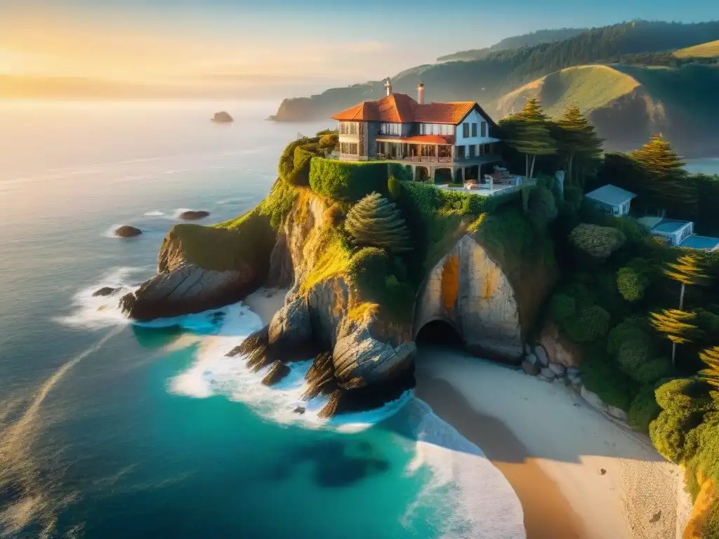 Residencia costera en acantilado al atardecer Residencia costera en acantilado con vista al mar al atardecer, rodeada de naturaleza