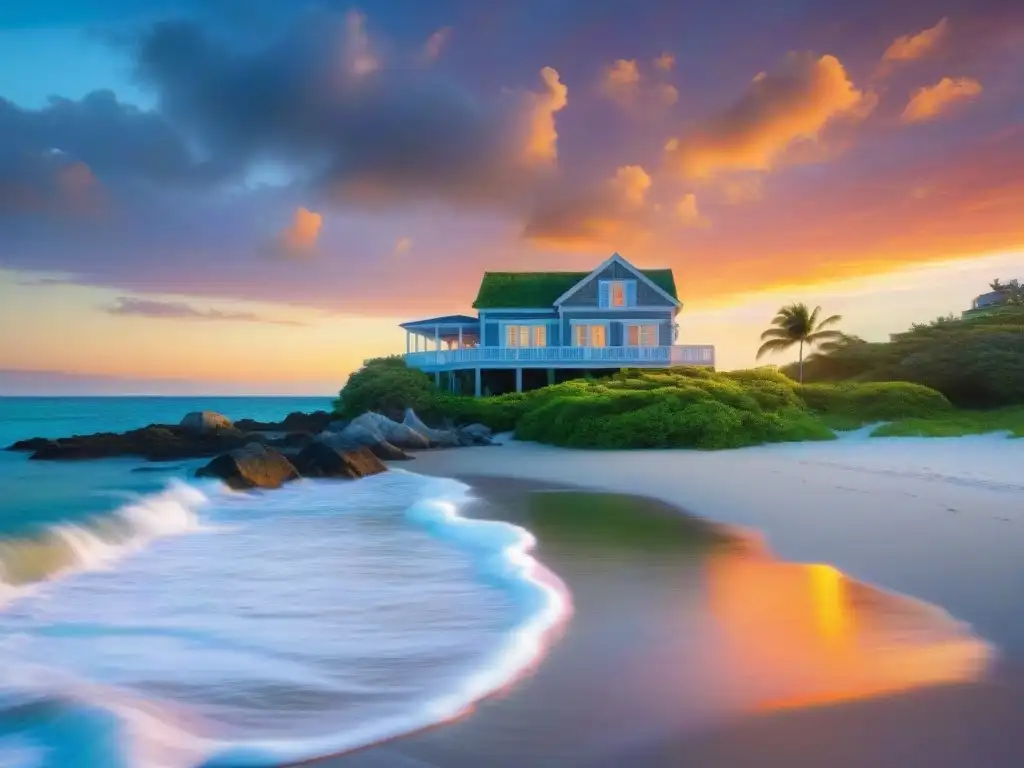 Residencia costera al atardecer: seguridad y serenidad Residencia costera en atardecer sereno con seguridad y naturaleza exuberante, ideal para las mejores pólizas de seguro costero