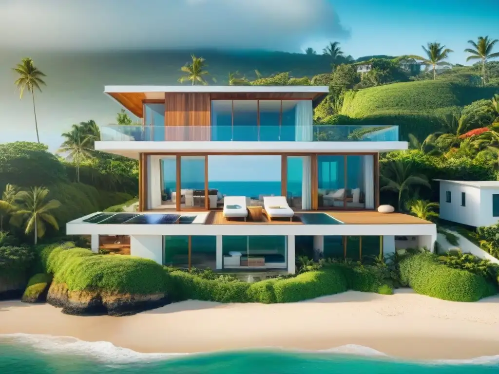 Hogar costero ecofriendly: lujo sostenible junto al mar Residencia costera ecoamigable con paneles solares y jardín verde, brindando beneficios hipotecas verdes costeras