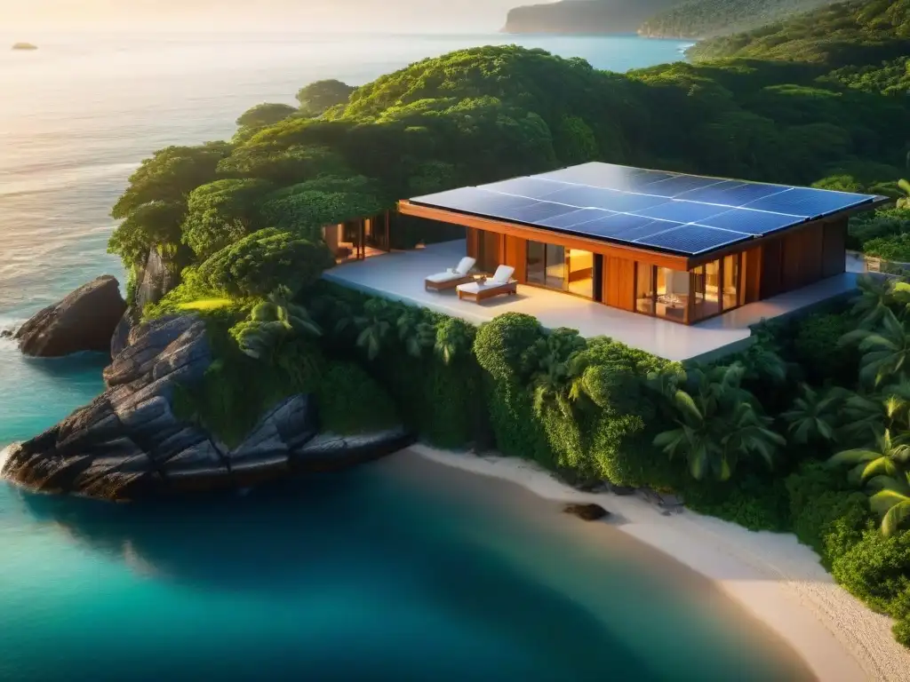 Propiedad frente al mar ecológica: lujo sostenible en entorno natural Residencia costera ecoamigable con paneles solares, rodeada de vegetación exuberante y vista al mar cristalino al atardecer