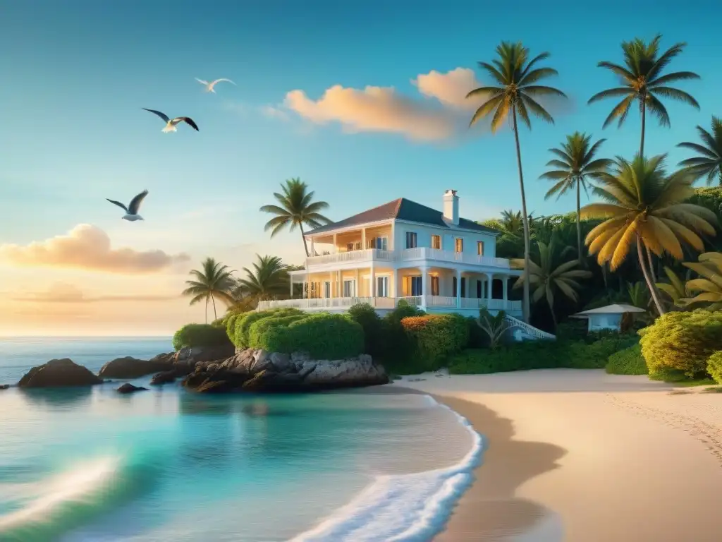 Mansión costera: atardecer de lujo en playa paradisíaca Residencia costera encantadora frente al mar, con aguas turquesas y atardecer dorado