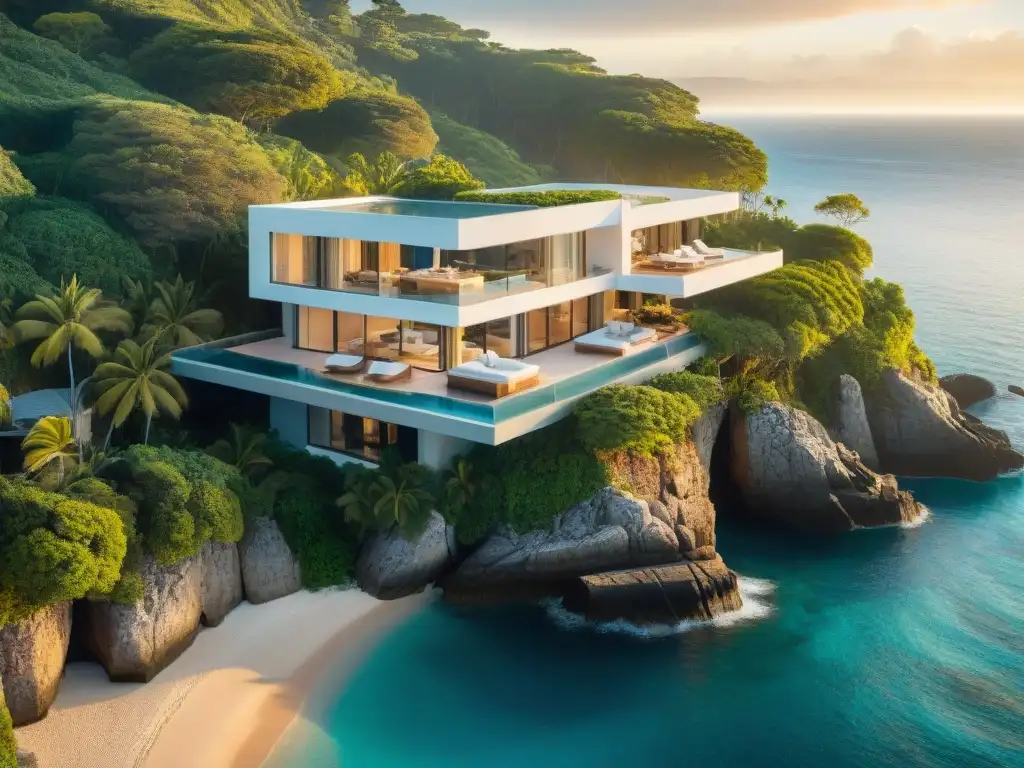 Residencia de lujo en acantilado: arquitectura moderna frente al mar Residencia costera exclusiva con arquitectura moderna y vista panorámica al mar al atardecer