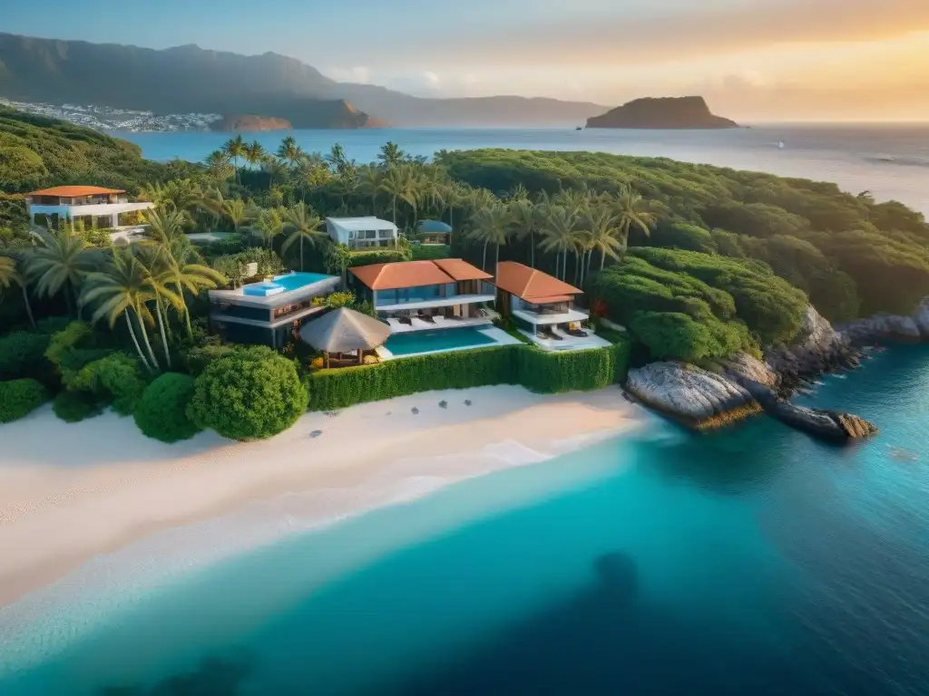 Residencia de lujo en la costa con piscina infinita y playa privada Residencia costera exclusiva con piscina infinita, arquitectura moderna y palmeras, yates al fondo y atardecer vibrante