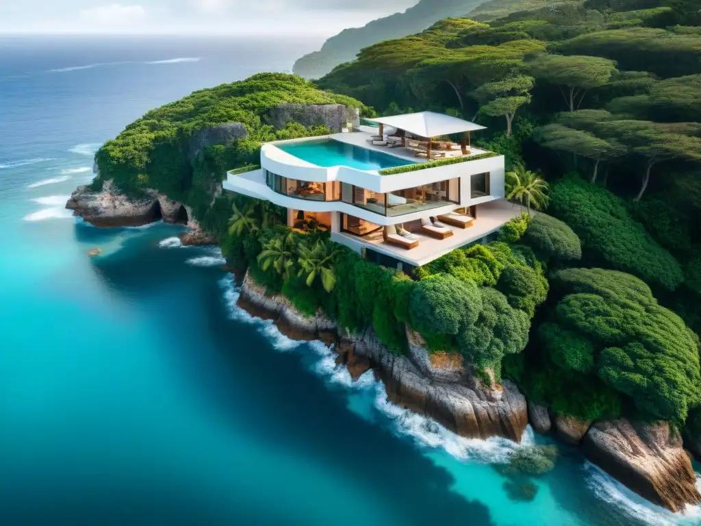 Residencia de lujo frente al mar: exclusividad y opulencia Residencia costera de lujo en acantilado con piscina infinita, rodeada de exuberante vegetación