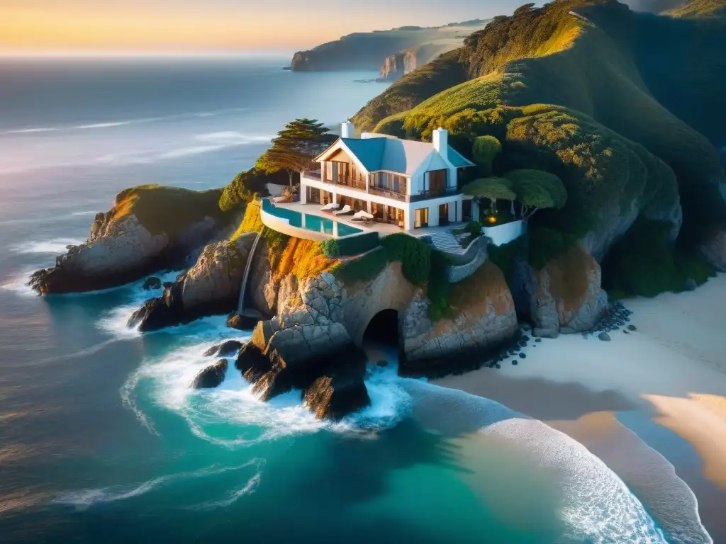 Residencia de lujo en acantilado: atardecer dorado frente al mar Residencia costera de lujo en acantilado con vistas impresionantes al mar al atardecer