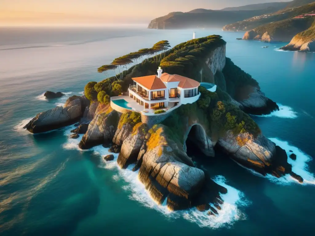 Mansión de lujo en acantilado: atardecer dorado junto al mar Residencia costera de lujo en acantilado con vistas al mar al atardecer