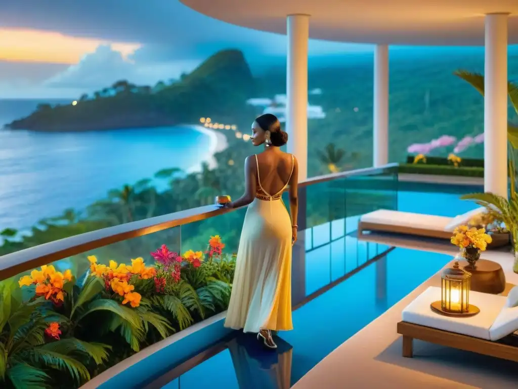 Residencia de lujo en acantilado con vista al mar y atardecer Residencia costera de lujo en acantilado con vista al mar, pareja disfrutando cócteles al atardecer