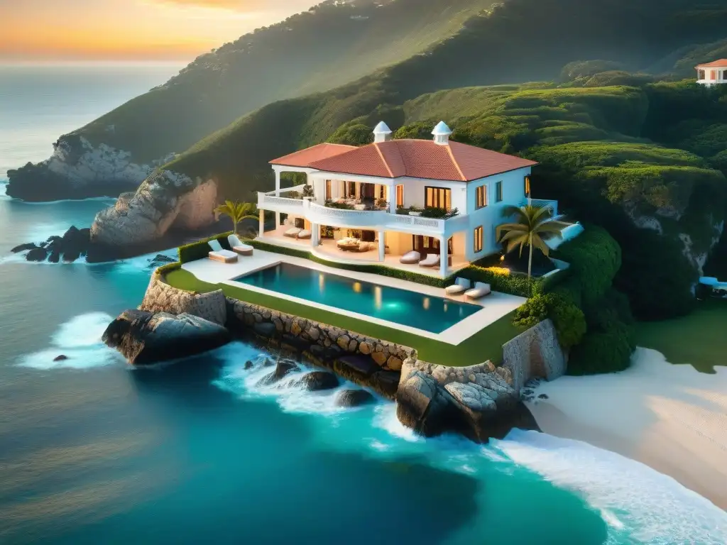 Residencia de lujo en acantilado: atardecer exclusivo junto al mar Residencia costera de lujo en acantilado al atardecer, resaltando valor pólizas premium mansiones costeras
