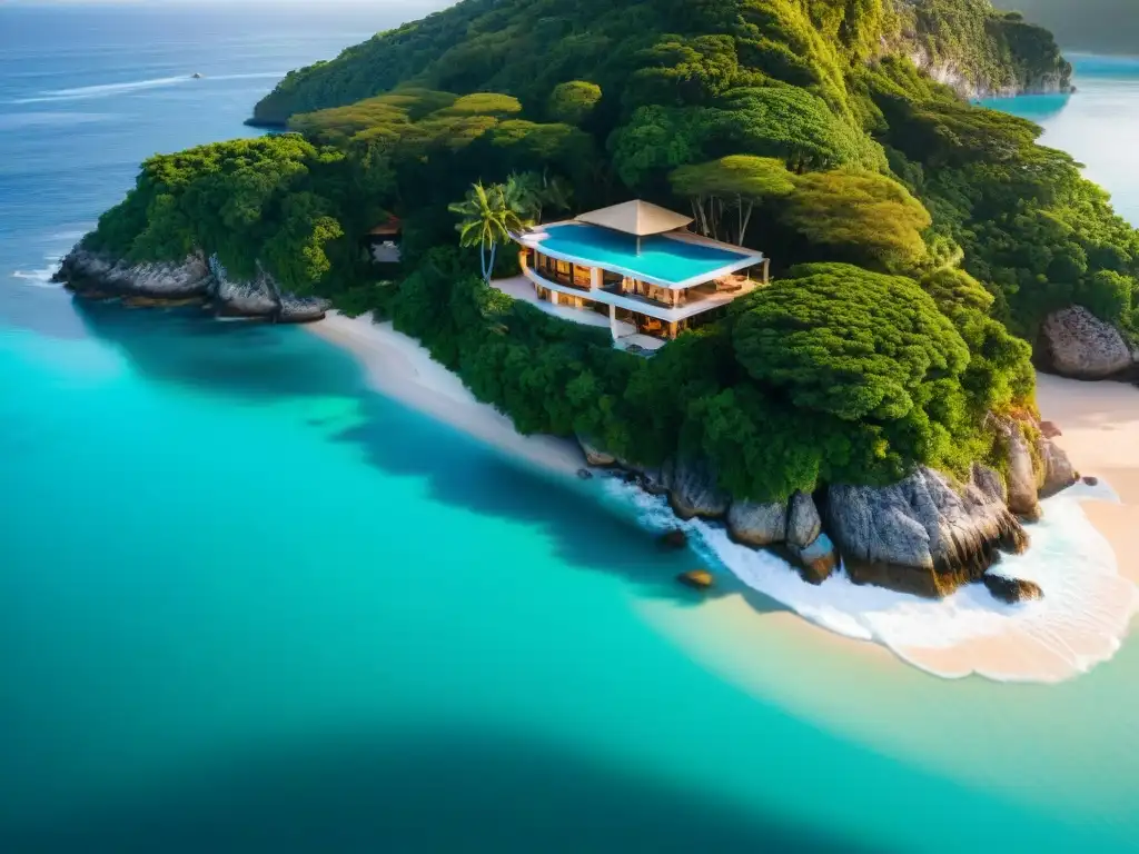 Propiedad costera de lujo: clifftop con muelle privado Residencia costera de lujo en acantilado con muelle privado, aguas turquesas y atardecer dorado