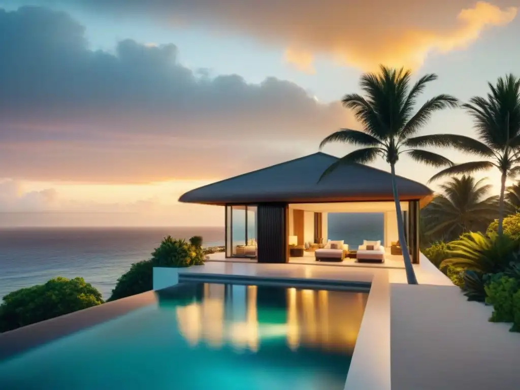 Propiedad costera de lujo al atardecer: diseño moderno con vista al mar Residencia costera de lujo al atardecer con diseño moderno, ventanales y piscina infinita privada