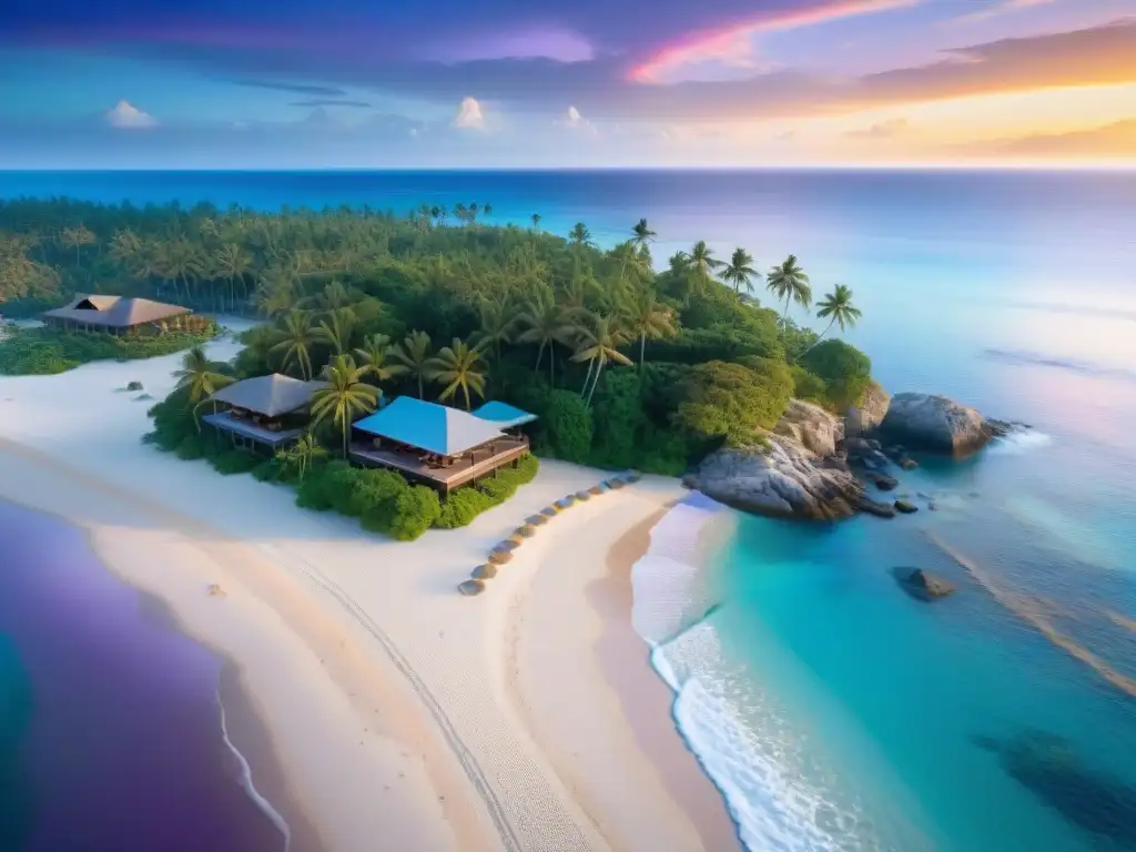 Paraíso costero: lujo y tranquilidad en un atardecer idílico Residencia costera de lujo con jardín impecable, palmeras y vistas al mar