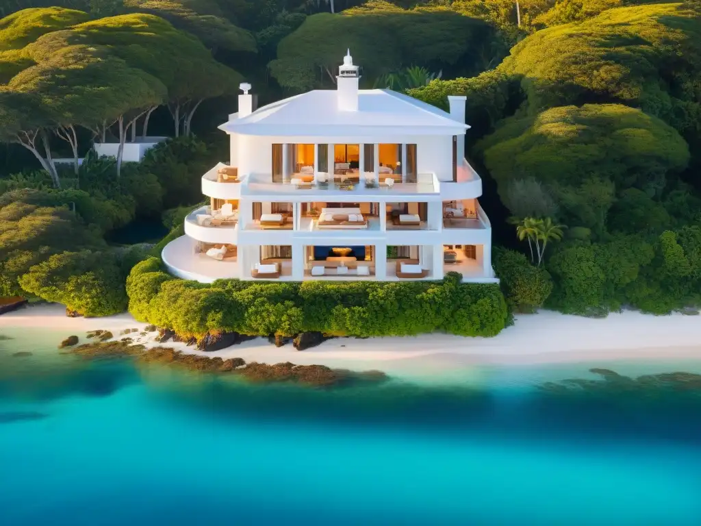 Residencia de lujo frente al mar al amanecer Residencia costera de lujo con impresionante vista aérea al amanecer