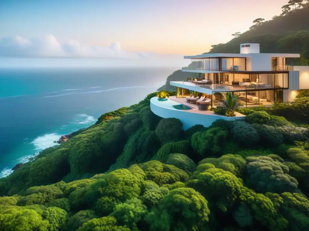 Residencia de lujo en acantilado con vista al mar Residencia costera de lujo maximiza luz natural en acantilado al atardecer