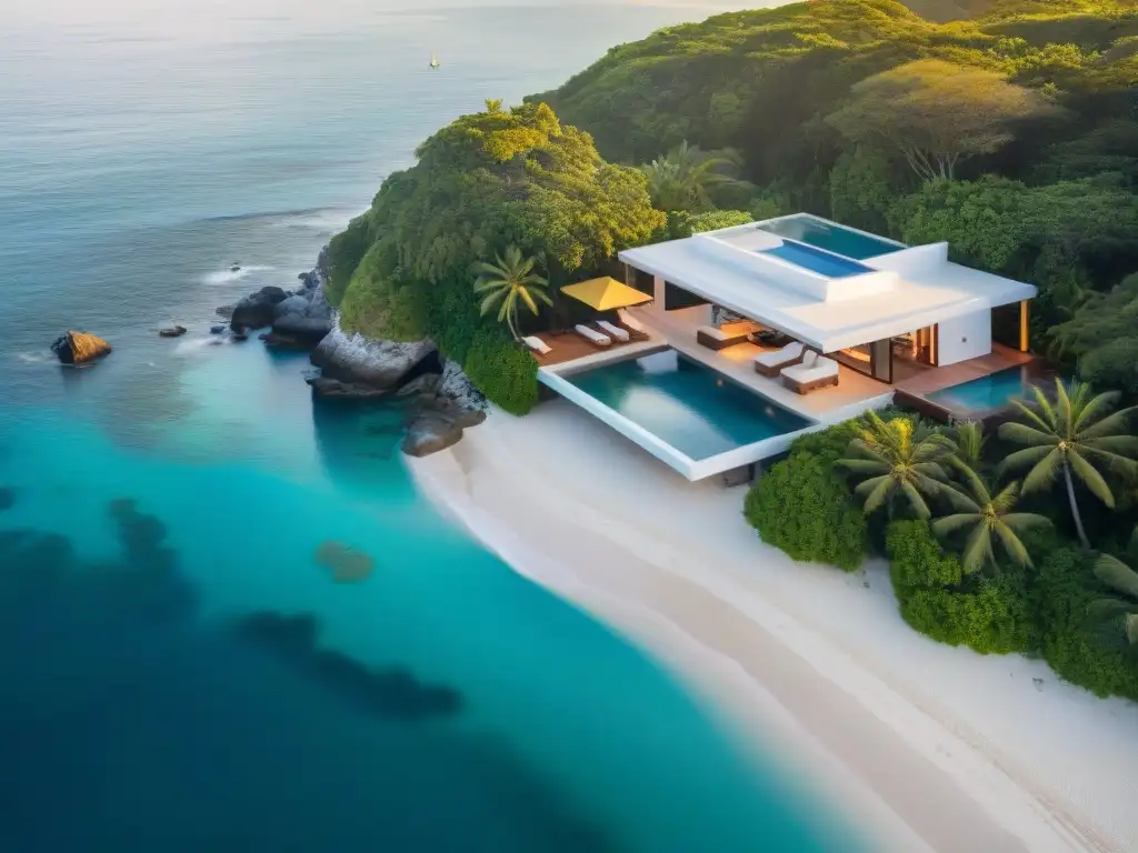 Paraíso costero: piscina infinita privada y atardecer dorado Residencia costera de lujo con infinity pool privada y vistas al mar cristalino al atardecer, rodeada de palmeras y playa de arena blanca