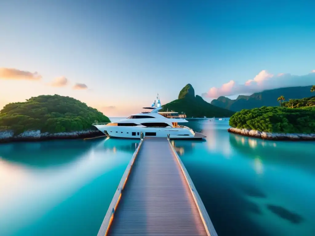 Propiedad costera de lujo al atardecer con yate en muelle privado Residencia costera de lujo con muelle privado y yate al atardecer en aguas turquesa
