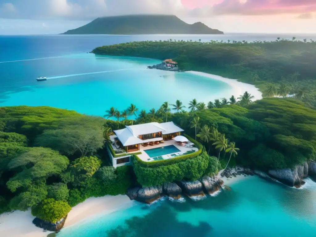 Mansión de lujo en la costa: atardecer exclusivo y vistas impresionantes Residencia costera de lujo entre palmeras, playa privada, yates en el horizonte y atardecer vibrante