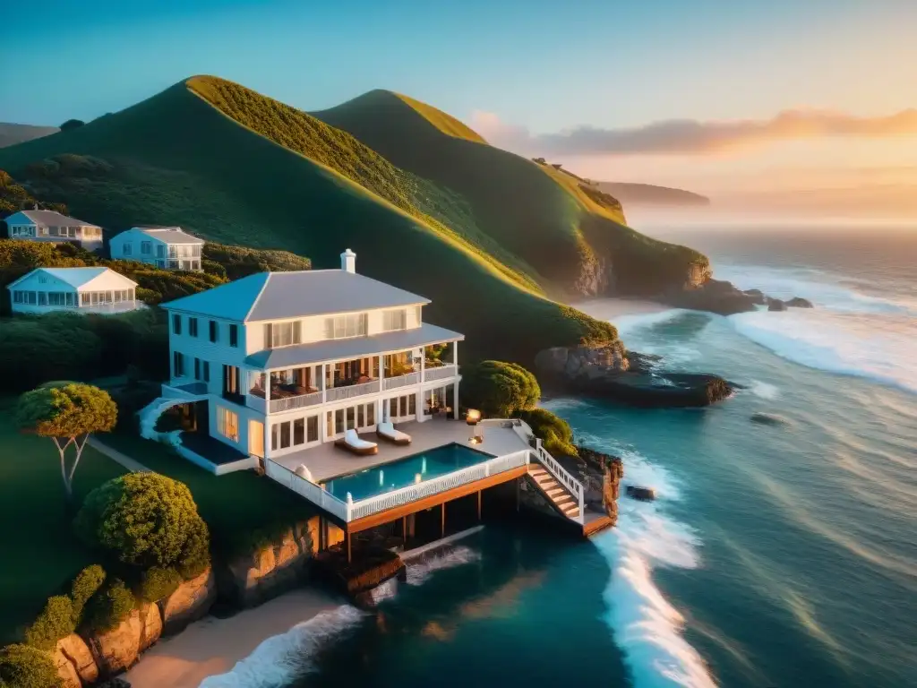 Propiedad costera de lujo al atardecer: inversión en paraíso marino Residencia costera de lujo con piscina y vista al mar al atardecer