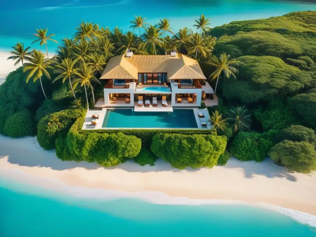 Exclusiva mansión de lujo frente al mar en playa paradisíaca Residencia costera de lujo con piscina infinita y terraza, rodeada de palmeras y aguas turquesas