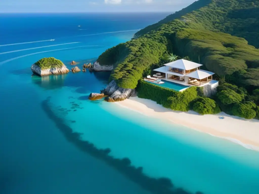 Villa de lujo: atardecer en acantilado con piscina infinita Residencia costera de lujo con piscina infinita privada, rodeada de exuberante vegetación y un yate en la bahía