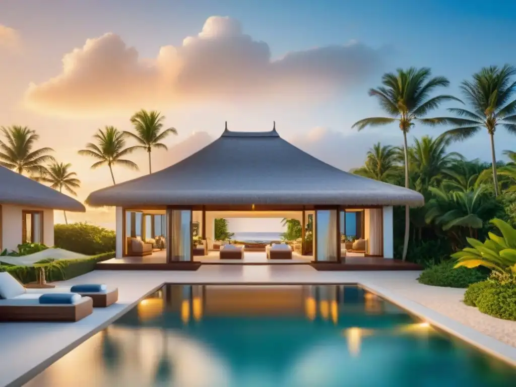 Villa de lujo frente al mar al amanecer: oasis costero Residencia costera de lujo al amanecer con piscina infinita y jardín tropical, ideal para seguro personalizado propiedades costeras