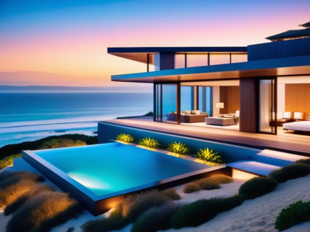 Casa de playa de lujo con seguridad biométrica avanzada Residencia costera de lujo con seguridad biometría integrada y tecnología avanzada al atardecer