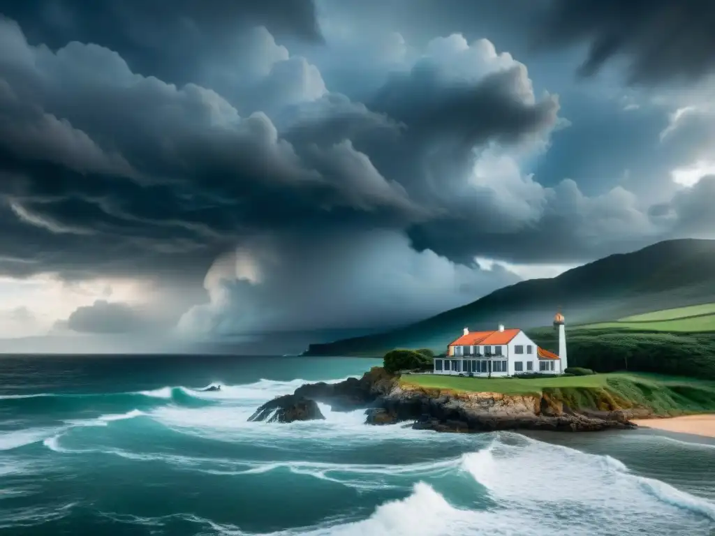 Residencia costera de lujo resistiendo la tormenta con seguro premium Residencia costera de lujo ante tormenta, resaltando la protección de pólizas premium propiedades costeras catástrofes