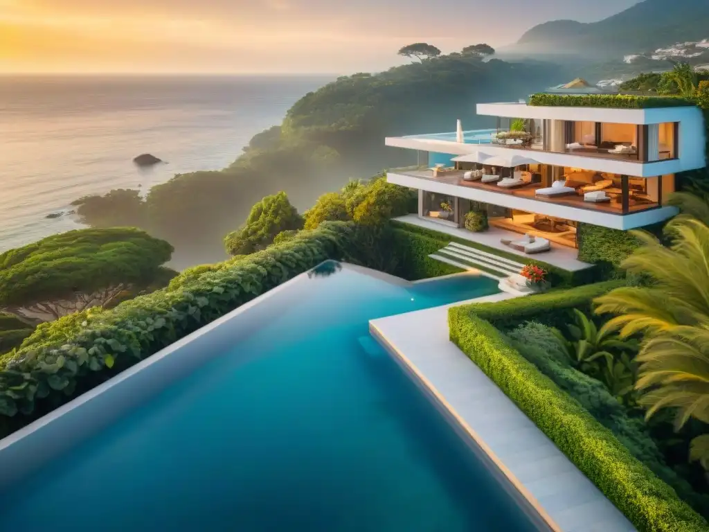 Residencia de lujo frente al mar con piscina infinita privada al atardecer Residencia costera de lujo con vista al mar, piscina infinita y pareja disfrutando vino al atardecer