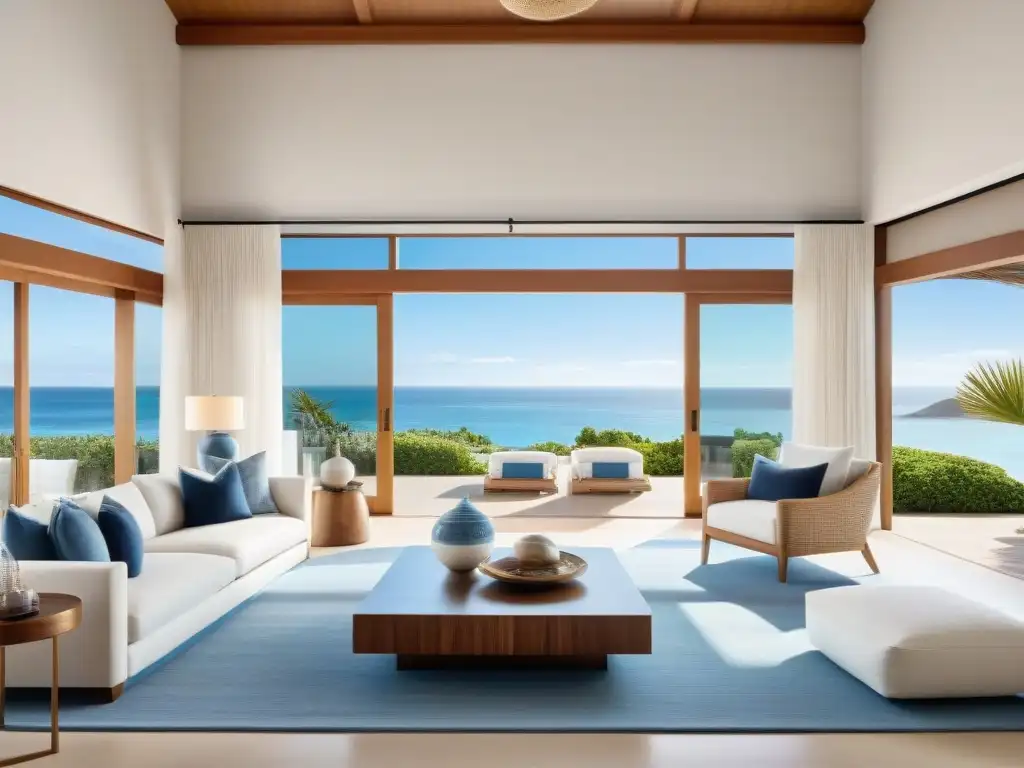 Residencia costera de lujo: luz natural y diseño contemporáneo Residencia costera lujosa maximiza luz natural con decoración en tonos neutros y toques de azul y beige