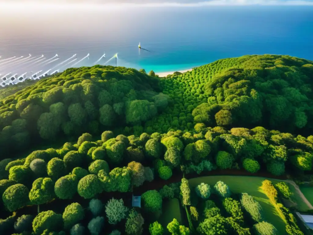 Propiedad costera de lujo con tecnología verde: armonía entre opulencia y sostenibilidad Residencia costera lujosa con tecnología verde: paneles solares, turbinas eólicas y exuberante vegetación