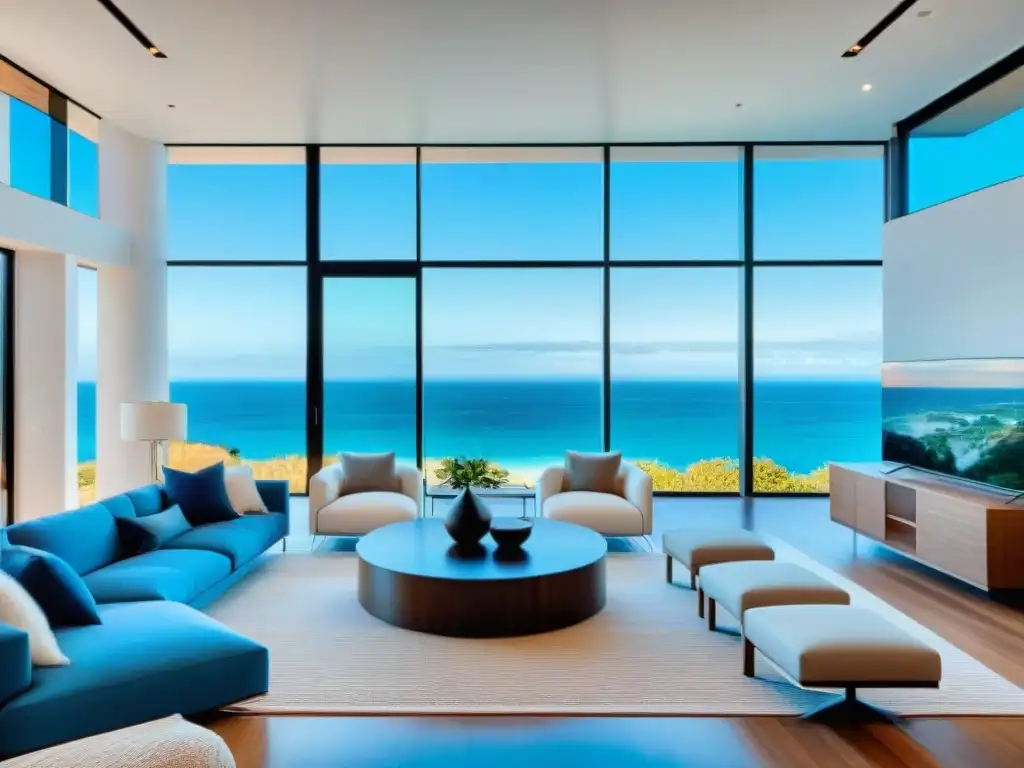 Resplandor costero: hogar lujoso con vista al mar Residencia costera lujosa con ventanales que maximizan luz natural y crean atmósfera cálida, frente al mar azul