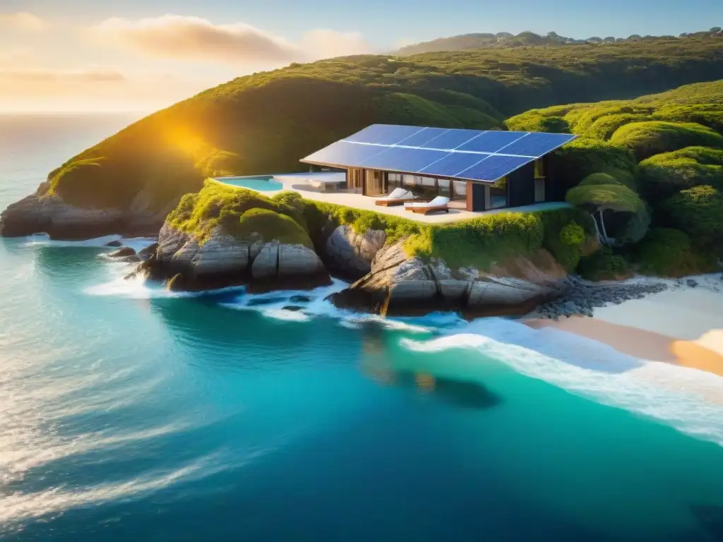Casa costera moderna con paneles solares en armonía con la naturaleza Residencia costera moderna con paneles solares brillando al sol, integrando energías renovables para propiedades costeras