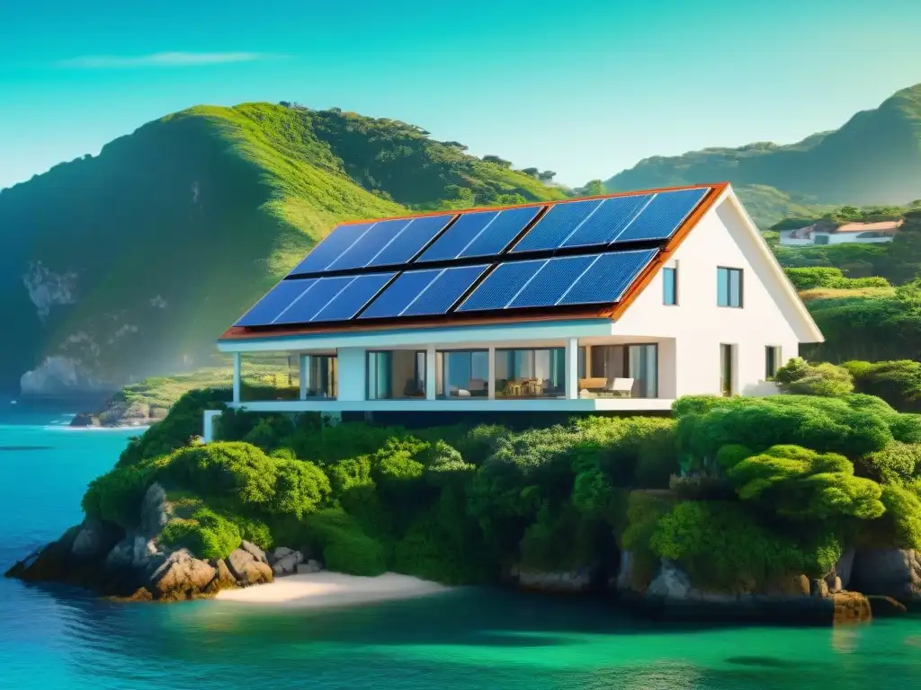 Hogar ecológico: solar en la costa Residencia costera moderna con paneles solares, rodeada de vegetación exuberante y vista al mar en un día soleado