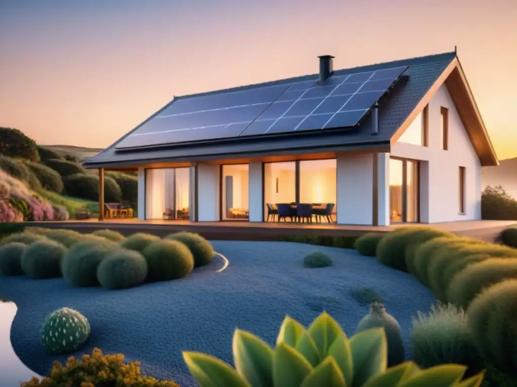 Casa costera ecoeficiente al atardecer Residencia costera moderna con paneles solares, ventanas grandes y sistema de riego inteligente