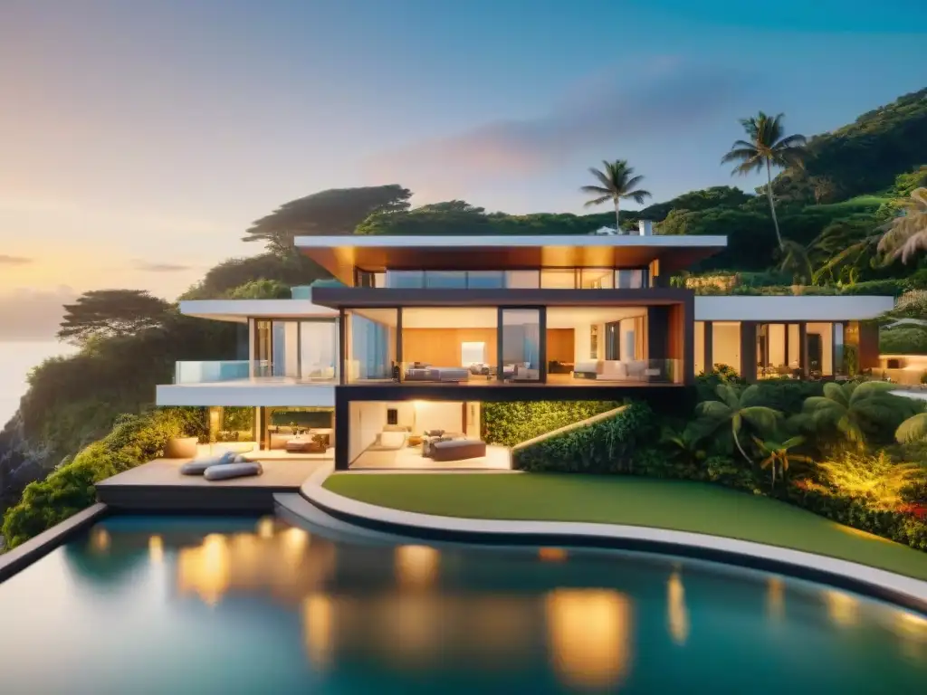 Residencia costera moderna con seguridad inteligente y vistas al mar Residencia costera moderna con seguridad inteligente y vista al mar al atardecer: equilibrio entre tecnología y naturaleza