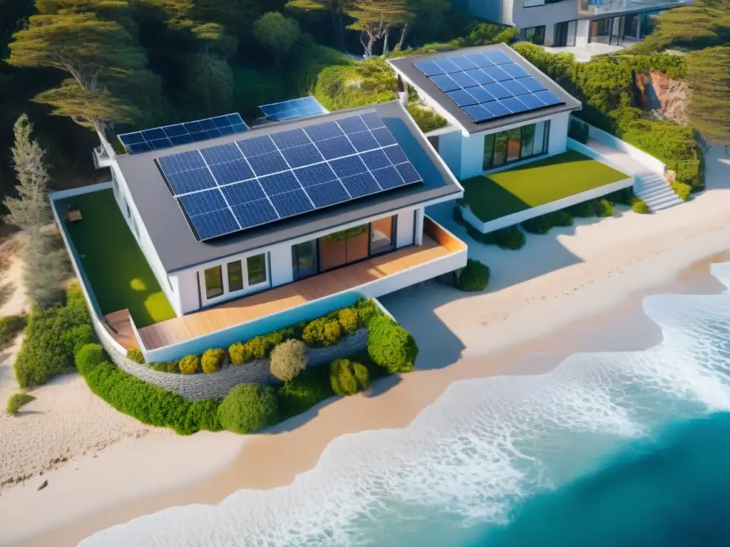 Vivienda sostenible en la costa: tecnología verde y paisaje impresionante Residencia costera moderna con tecnología sostenible: paneles solares, turbina eólica y sistema de recolección de agua de lluvia