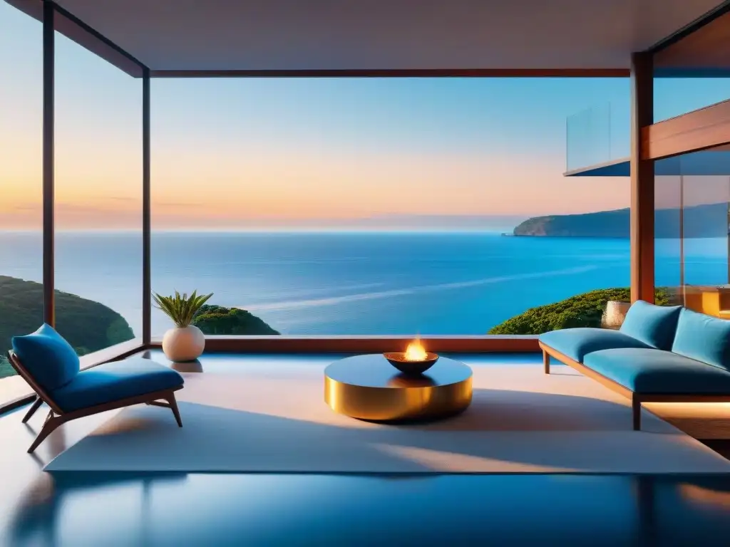 Residencia costera moderna al atardecer con vistas panorámicas al mar Residencia costera moderna con ventanales panorámicos, bañada por la cálida luz del atardecer sobre el mar