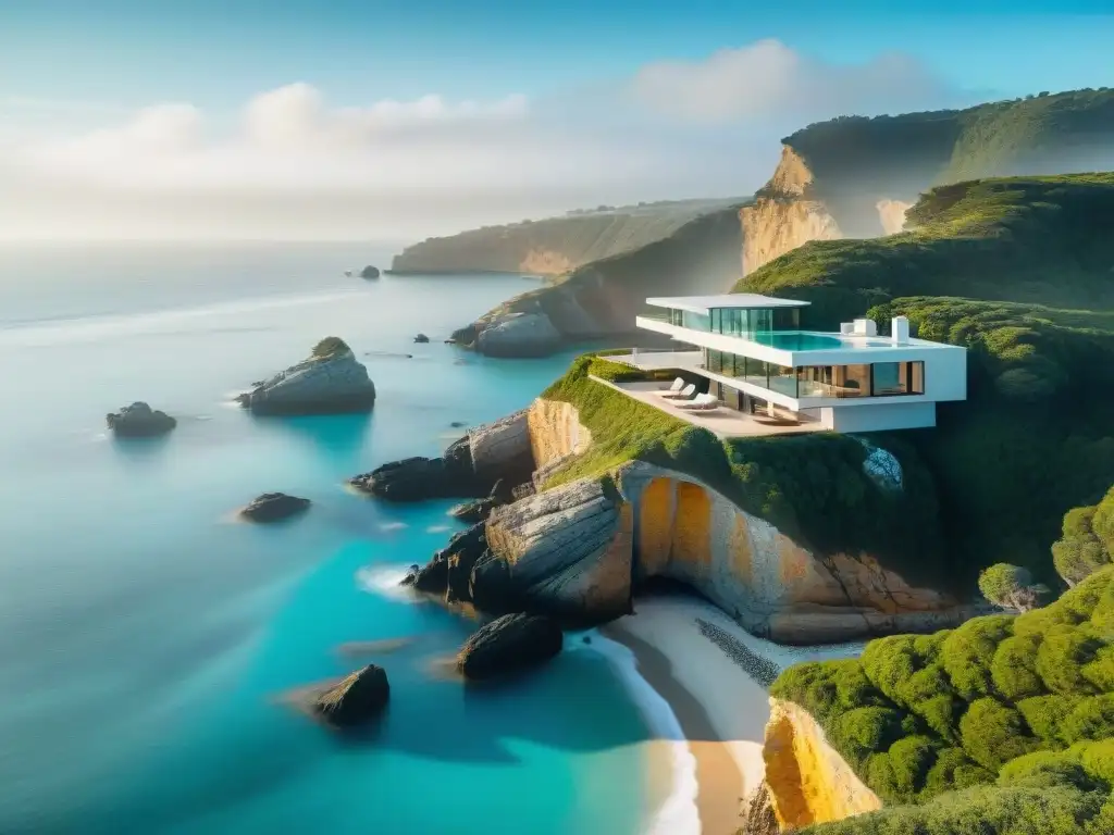 Residencia costera moderna en acantilado con vistas panorámicas al mar Residencia costera moderna con vista al mar, diseño arquitectónico y ventanales panorámicos