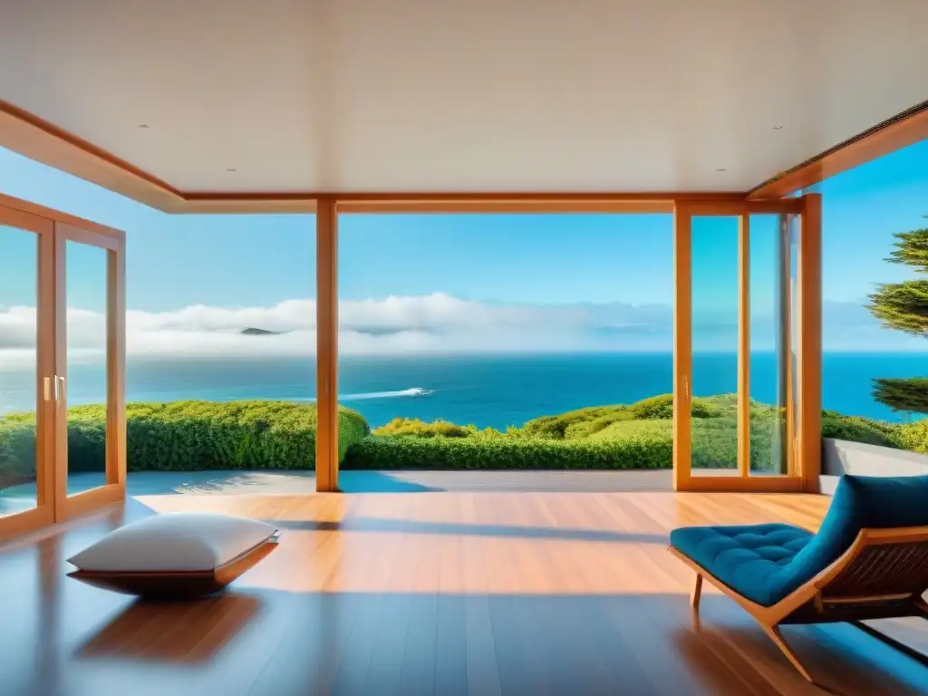Casa costera minimalista con vistas al mar Residencia costera serena con diseño exterior simple, amplias ventanas y muelle de madera moderno, rodeada de vegetación bajo cielo azul con gaviotas